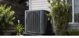 Outdoor AC condenser replacement at a landscaped Los Angeles home